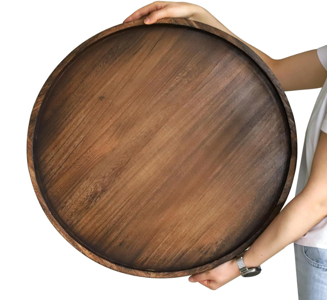 Round Ottoman Tray for Coffee Table Living Room Wood Serving Tray Large Wooden 24 Inches Rustic Brown