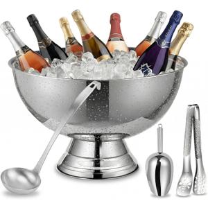 Ice Bucket for Parties and Punch Bowl Set, 15.7 Inch Large Stainless Steel Champagne Chiller with Ladle Scoop and Tongs, Pedestal Beverage Tub for Wedding Mimosa Bar(Silver)