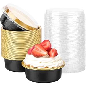 Beasea Disposable Ramekins with Lids, 50 Pack 8.8oz 260ml 4 Inch Disposable Aluminum Foil Cups Round Cupcake Mini Pudding Baking Cups for Party - Black Gold