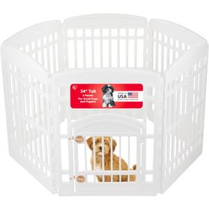 IRIS USA Dog Playpen with Door, 34 6 Panel Pet Exercise Pen  Indoor Outdoor Puppy Play Pen, Portable Plastic Pet Fence for Small Medium Dogs, Foldable 44 x 63 x 34, White