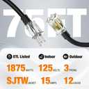 Outdoor Extension Cord 75 FT Waterproof, 12/3 Gauge Heavy Duty 3 Prong Power Cord with Lighted Indicator End, 15A 125V 1875W SJTW, ETL Listed, Great for Lawn/Garden/Home(Black)