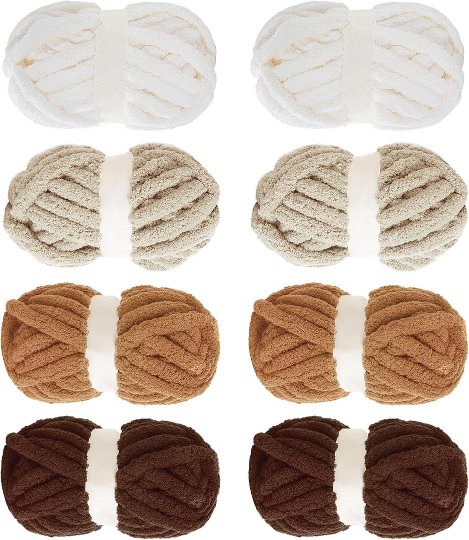 MABOZOO Assorted Chunky Yarn for Crocheting - 8 Pack, Fluffy Jumbo Chenille, Soft Plush - Giant Thick Fuzzy Yarn for Hand or Arm Knitting - Khaki Multi (31.7 yds, 8 oz Each Skein)
