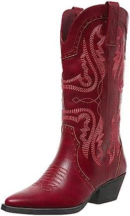 Cowboy Boots for Women Cowgirl Mid Calf Western Boots Embroidered Stitched Pointed Toe Chunky Block Heel Brown Red Black US5, Size 7
