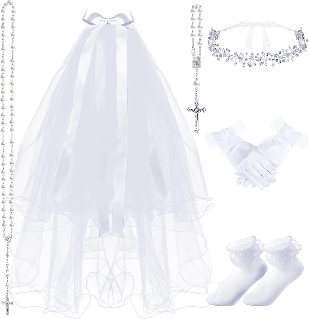 Funtery 6 Pcs First Communion Veils Girls Catholic Set 1st Communion Wreath Veil Headpiece Sock Necklace Bracelet Kid Wedding