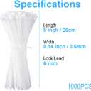 White Zip Ties 8 Inch 1000 Pack, 40 lbs Nylon Cable Ties, Self Locking UV Resistant Wire Ties for Wreath Crafts, DIY, Decor, Indoor Outdoor, Home and Garden