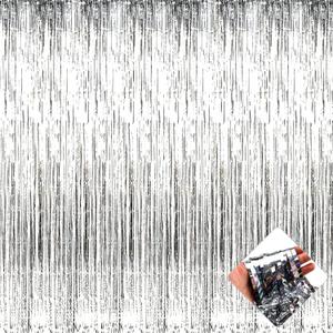 4 Pack 3.2Ft x 9.8Ft Silver Foil Fringe Curtain Backdrop, Metallic Tinsel Foil Fringe Streamers Curtains for Party, Photo Booth Props, Birthday, Wedding, Christmas Party Decoration Supplies
