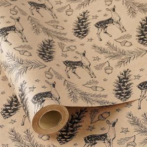 RUSPEPA Kraft Christmas Wrapping Paper Roll, Mini Roll, Vintage Black Forest Reindeer and Pinecone Design, Rustic Woodland Gift Wrap for Family, Friends, Christmas, Holiday, 17 Inches x 16.4 Feet