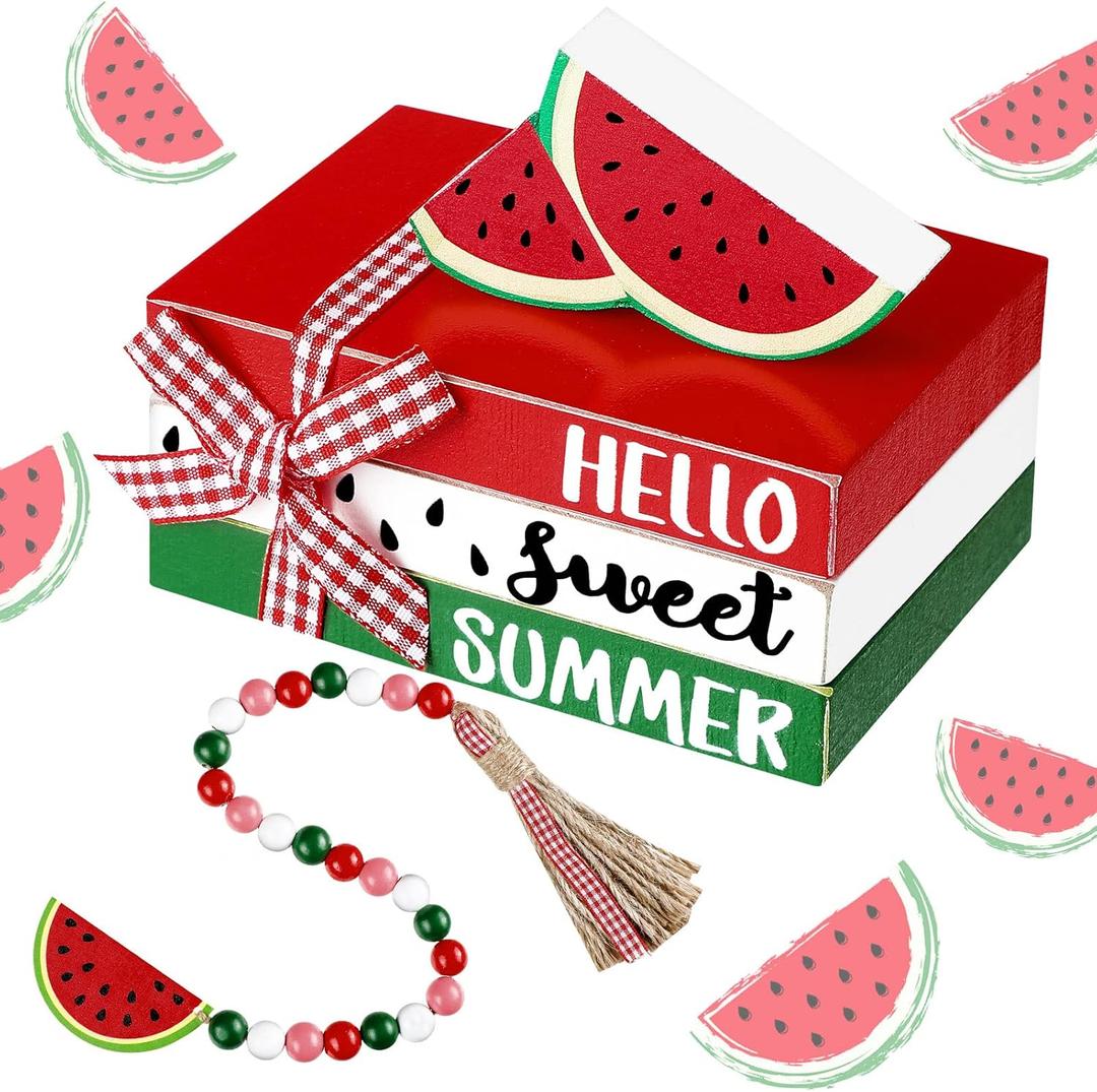 Blulu 6 Pcs Watermelon Tiered Tray Decor Rustic Farmhouse Summer Wooden Bead Garland with Tassels Hello Sweet Summer Book Stack Gift for Kitchen Table Centerpiece Shelf Mantel Decorations Home Decor