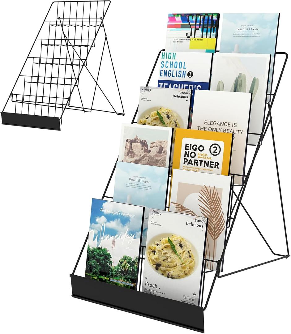 6 Tier Wire Countertop Racks,18" Wide Metal Book Display Rack Magazine Rack with Sign Channel,Foldable Retail Vendor Booth Display Stand for Greeting Card,Brochure,Art Print,CD,Craft,Comic