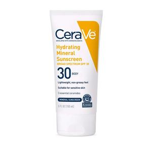 CeraVe 100% Mineral Sunscreen SPF 30 with Zinc Oxide & Titanium Dioxide, Hyaluronic Acid & Ceramides, Oil Free, Non-Greasy, Hydrating Mineral Sunscreen For Body, 5 oz