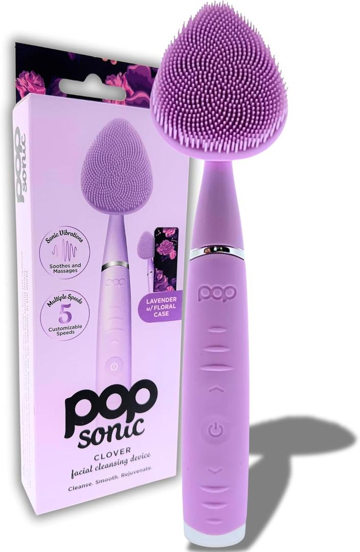 Pop Sonic Clover Facial Cleansing Device- Silicone Pore Cleaning Tool w/Case- 8000VPM, USB Charging Skin Care Tools for Face (Lavendar)