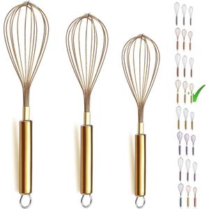 Berglander Gold Whisk Pack of 3 Stainless Steel 8",10",12", Titianium Plating Whisks for Cooking, Beater,Wire Whisk Set Kitchen Wisk (Gold)