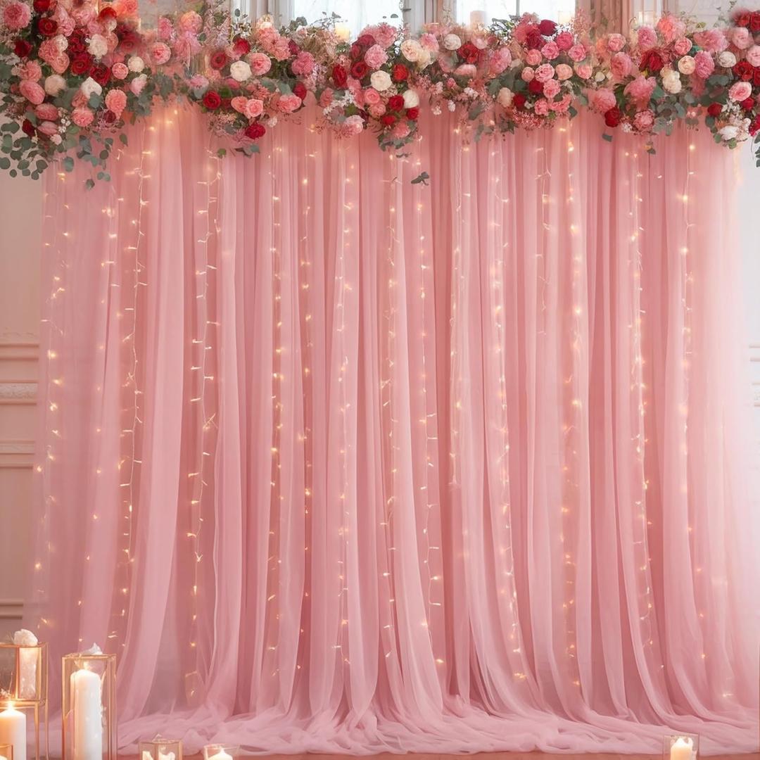 10ft x 10ft Dusty Rose Backdrop Curtain with Lights String for Parties, Sheer Tulle Wedding Photo Backdrops Drapes for Baby Shower Birthday Party Decorations Background for Photography (W5' x H10'(2 panels))
