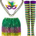 Syhood 6 Pcs Mardi Gras Costume Set, Sequined Tassels Tutu Skirt, Faux Feather Pattern Half Mask, Necklace and Long Socks (Small)