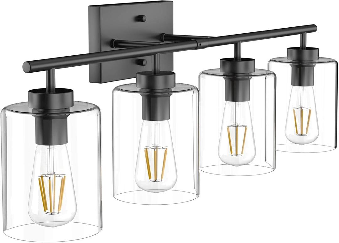 Aipsun 4 Lights Black Bathroom Vanity Light Over Mirror with Clear Glass Shades Industrial Bathroom Light Fixtures (Exclude Bulb), 31 Inch