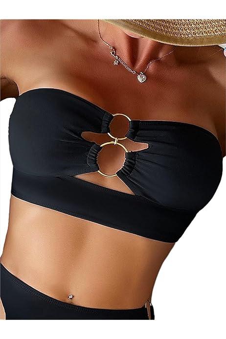 Women's Sexy Cut Out Ring Linked Bandeau Bikini Top Swimsuit Bathing Suit Tops, Size M