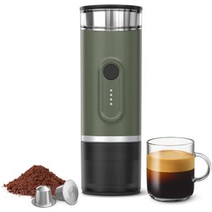 Portable Electric Espresso Machine, Self-Heating Travel Coffee Maker with USB-C, Compatible with Ground Coffee & NS Capsules, Ideal for Camping, Car, RV, Hiking & Office (Army Green)