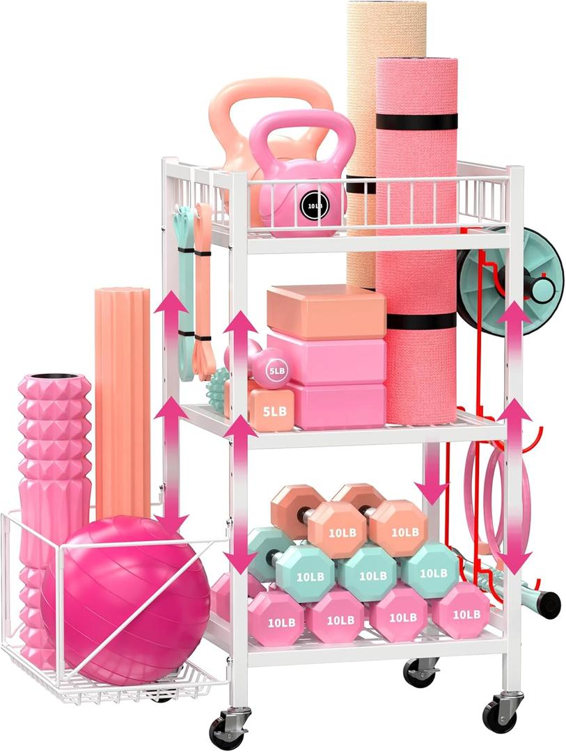 3-Tier Home Gym Storage Rack, Adjustable Yoga Mat Storage Rack, 250LBS Metal Workout Equipment Storage Cart with Large Basket & Lockable Wheels for Mats, Bands, Foam Rollers, Yoga Block (Rack Only) (White)