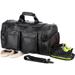 Travel Bag with Shoe Pouch,Weekender Overnight Bag Leather Large Carry On Bag (Black)