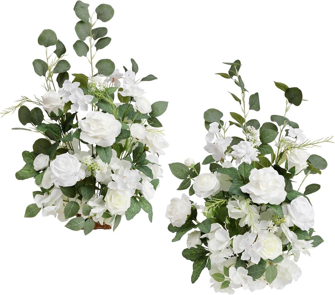 Ling's Moment 17.5" Tall Free Standing Artificial Flowers Arrangements 2 pcs Wedding Aisle Runner Chair Decorations White Sage Centerpieces for Ceremony Reception Eucalyptus Rose Floral Party Outdoor