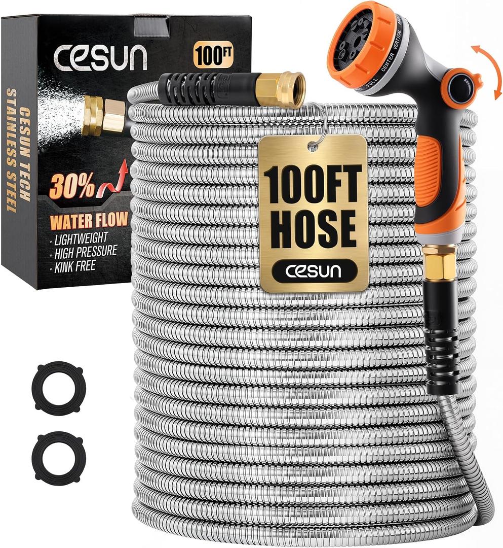 Cesun 100 ft Metal Garden Hose, Stainless Steel Heavy Duty Water Hose With 10 Function Nozzle, No Kink & Flexible, Lightweight and Durable, Rust Proof for Yard, RV, Pet Bath, Outdoor, 100 foot x 5/8"