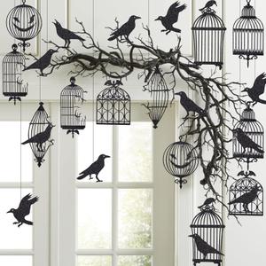 Cheerland Gothic Crow Decoration Black Cage Garland for Black Crow Decoration Gothic Christmas Birthday Party Hanging Indoor Raven Glitter Haunted Mansion Decor Garland Birthday Halloween Supplies