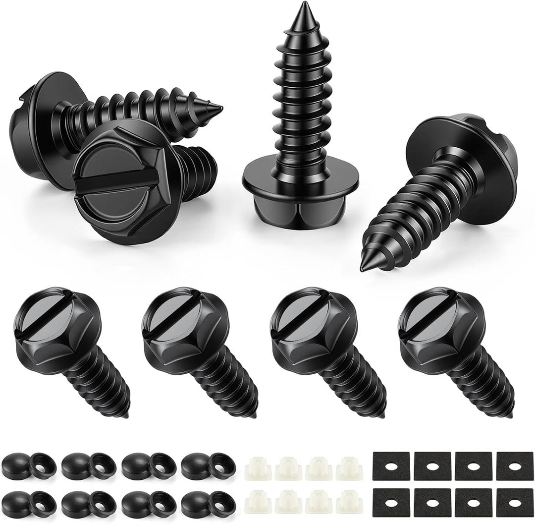 LivTee Rustproof License Plate Screws for Securing License Plates Frames and Covers on Cars and Trucks, 8 Sets Premium Stainless Steel Self Tapping Mounting Bolts (Black Zinc Plated)