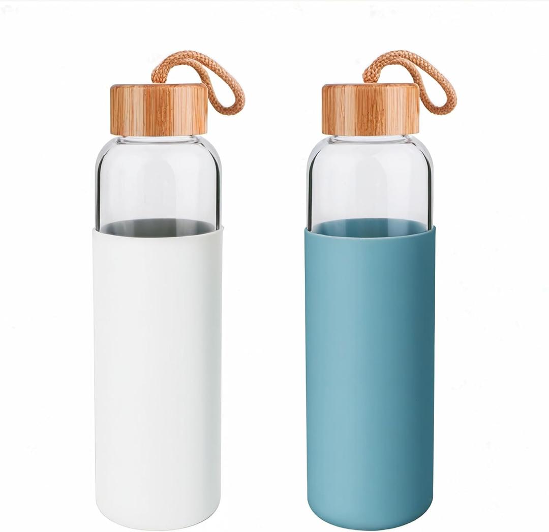 Lily's Home Borosilicate Glass Water Bottles Set of 2 - Glass Water Bottle Set. (18 oz) Glass Bottles with Lids (Bamboo, Leakproof Seal), BPA Free, Silicone Sleeves to Avoid Drops & Bumps
