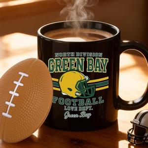 2 in 1 Football Fan Ceramic Coffee Mug Cup Green Bay Themed Merch Shop Men Women Sport Stuff Gear Apparel Packer Team Decor Accessories Merchandise Dad Boyfriend Bf Birthday Christmas Cool Xmas Gift