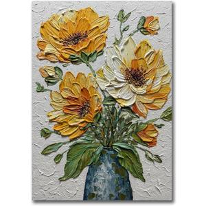 V-inspire Art Hand-Painted Oil Painting, Yellow Floral Bouquet Canvas Wall Art, 28x40 Inch, Modern Abstract Decor