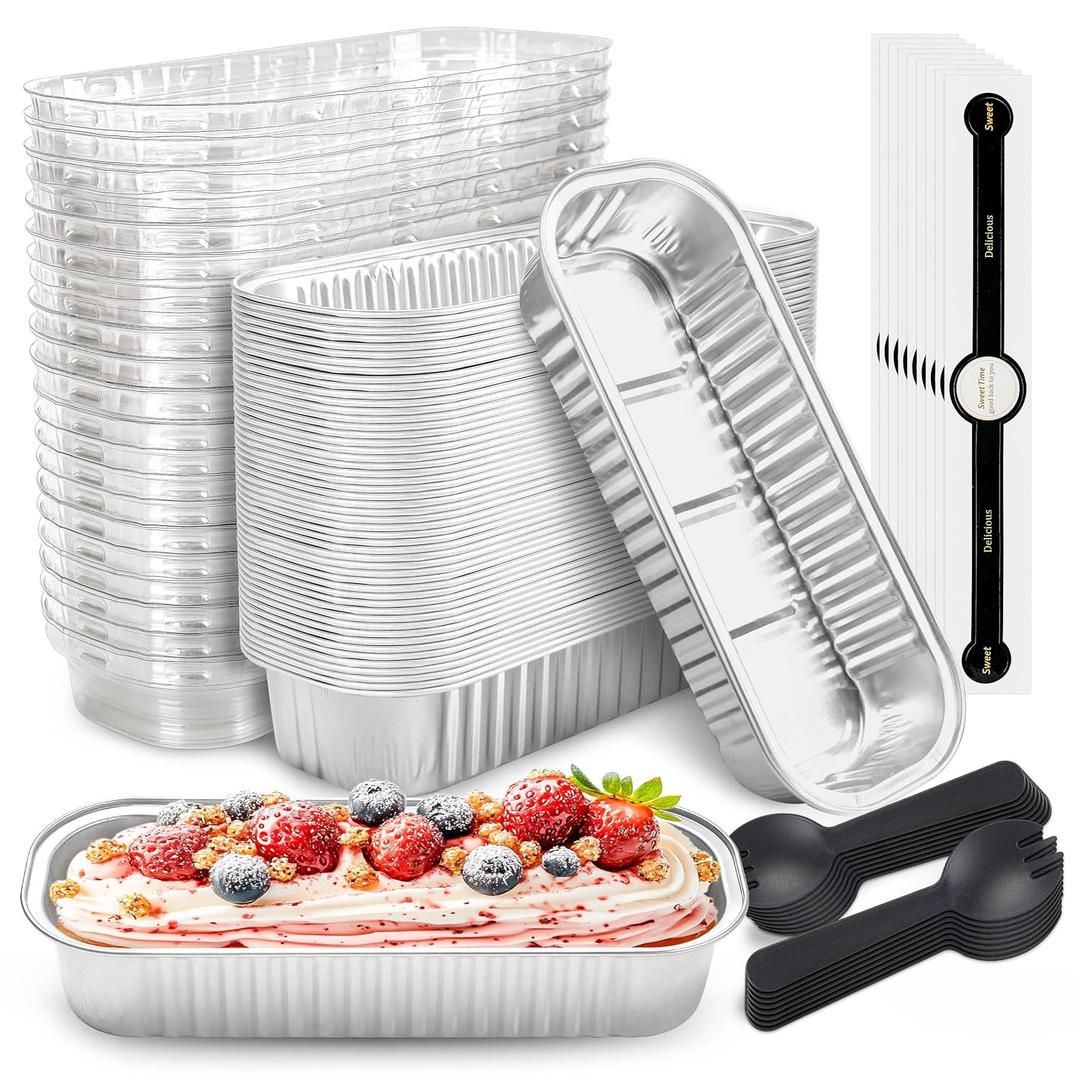 NPLUX 50 PACK Mini Cake Pans with Lids and Spoons, Rectangular Aluminum Foil Bread Pan, Mini Loaf Pans and Food Containers with Lids(Silver, 6.8oz)