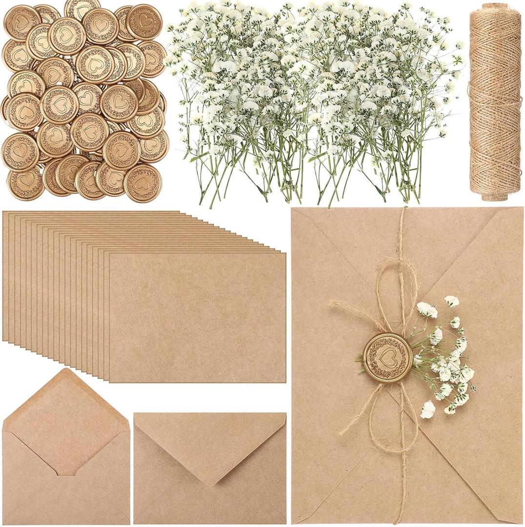 Dunzoom 50 Sets Wedding Invitations Wraps Set Include Envelope for 5 x 7 Inch Invitations Self Adhesive Gold Wax Seal Sticker Dried Flowers for DIY Photos Cards Baby Shower Party(Classic,Light Brown)