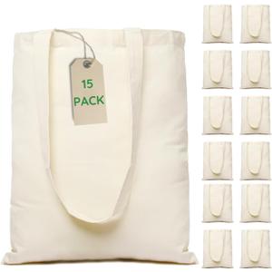 Greenmile Canvas Tote Bags Bulk 15 Pack - 15x16.5 Inch - 6 oz - Large Plain Tote Bags Premium Economical Blank Reusable Grocery Bags, Thick Shopping Canvas Bags for Arts & Craft DIY Promotion