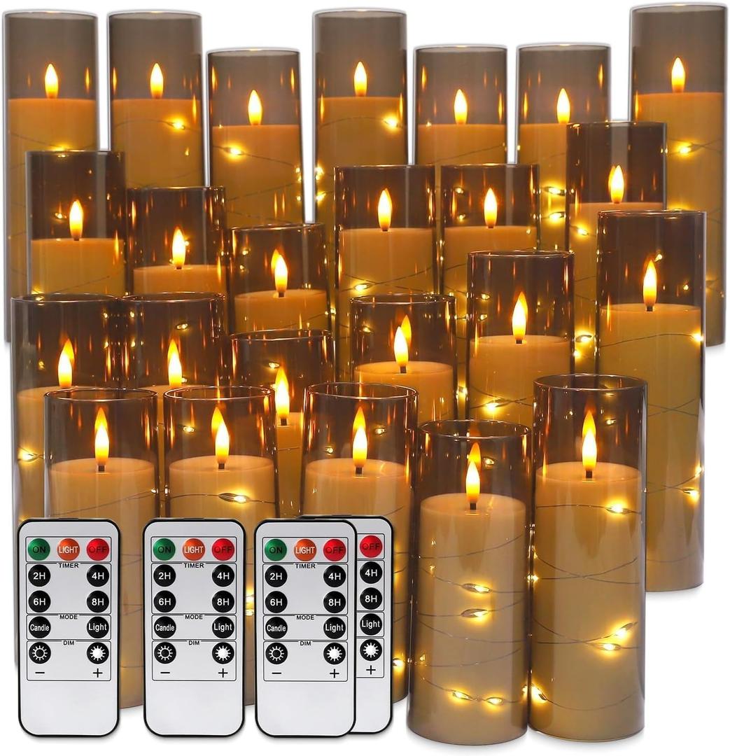24 Pack Flameless LED Pillar Candles with Remote & Timer, Flickering Battery Operated Candles with Embedded Starry Lights, 3-Sizes Gray Acrylic Decorative Candles for Wedding, Home, Party Decor (24pcs-Grey string lamps)