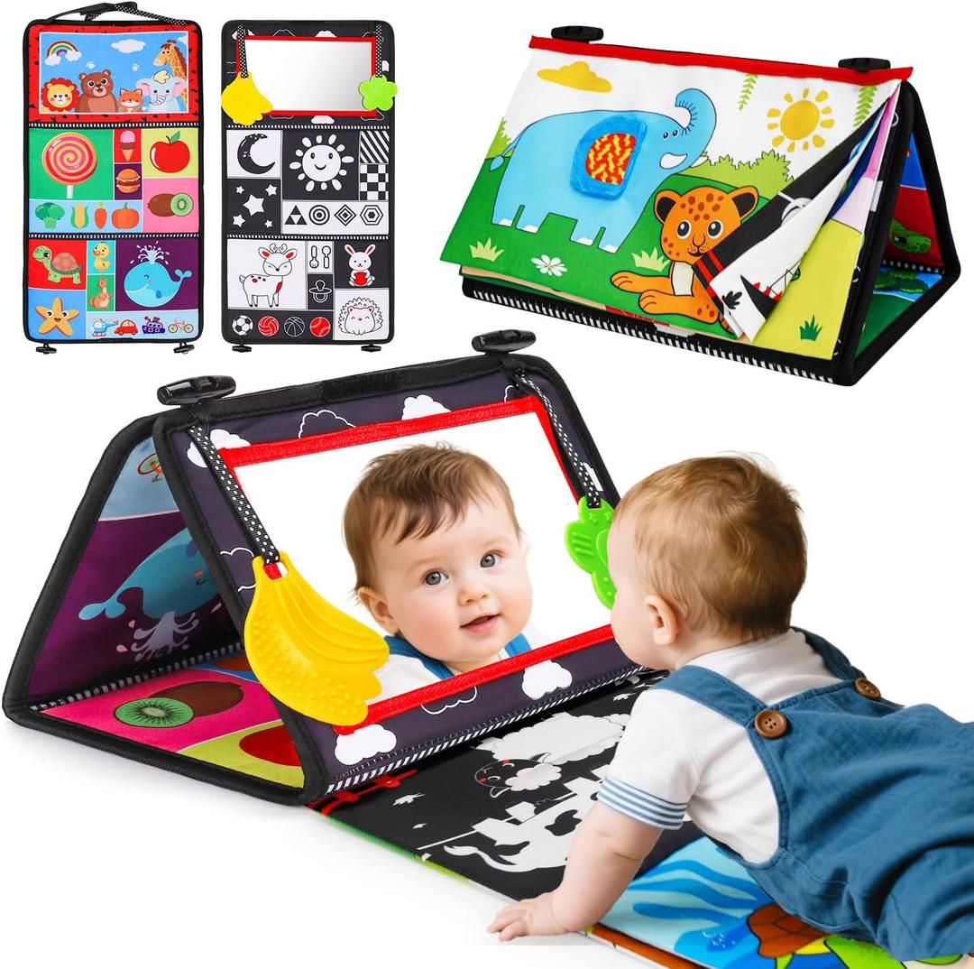 Baby Mirror Tummy Time Toys 0-6 Months with Crinkle Cloth Books Infant High Contrast Newborn Sensory Black and White Toy for 0-3 4 5 6 Months Must Haves Babies 3-6 6-12 Month Boy Girl Shower Gifts