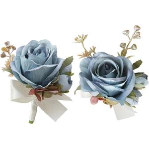 MAFELOE Artificial Rose Corsage Boutonniere Set for Groom Bride Groomsmen Bridesmaids, Simulated Flowers Accessories Wedding Party Prom Suit Decorations-2 Pieces of Retro Blue