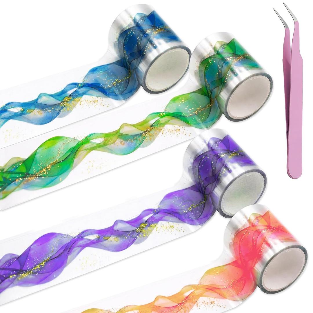 4 Rolls Aesthetic PET Tape for Journaling with Tweezers Dreamy Ribbon Scrapbooking Washi Tape Set Stickers Waterproof Transparent Sparkling Foil DIY Planner Crafts