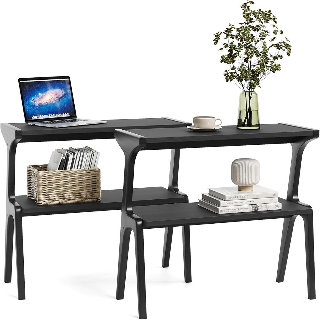 1Easylife Narrow End Table Set of 2, Solid Wood Sofa Side Table with 2-Tier Storage Shelf, Tall Slim Bedside Table Nightstand for Living Room, Bedroom, Black