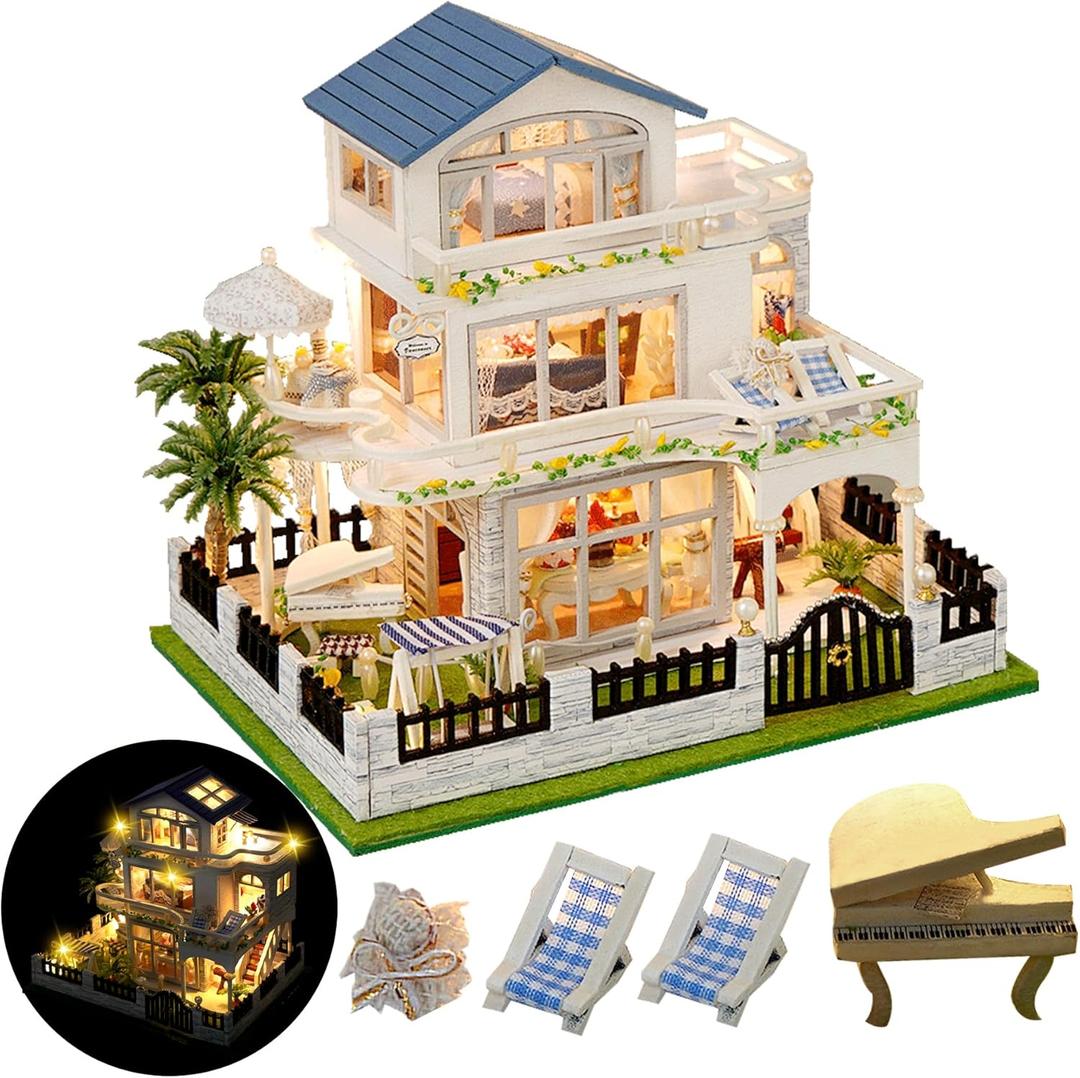 DIY Miniature House Kit, Mini House Kit for Beginners, DIY Dollhouse Kit for Adults to Build, Model Building Craft Diorama Kit, Ideal Gifts for Birthday, Christmas(Blue Mansion)
