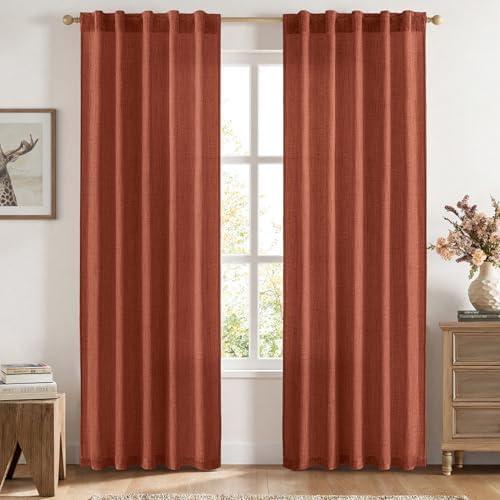 MIULEE Faux Linen Curtains 84 Inch Length 2 Panels Natural Burnt Orange Semi Sheer Curtain with Back Tab Rod Pocket, Light Filtering Window Privacy Burlap Drapes for Living Room Bedroom 42W x 84L