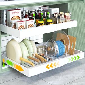 2 Pack Pull Out Cabinet Organizer,21" Deep,Expandable Compatible Framed Cabinet Slide Out Organizers,With Adhesive Nano Film And 6pcs Divider Racks Pull Out Drawers For Kitchen Cabinets (White)
