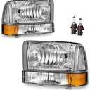 Headlights Assembly for 1999-2004 Ford F250 F350 F450 F550/2000-2004 Ford Excursion Super Duty with Bumper Signal Corner Light, High/Low Beam W/Bulbs - NOT FOR SEALED BEAM MODELS