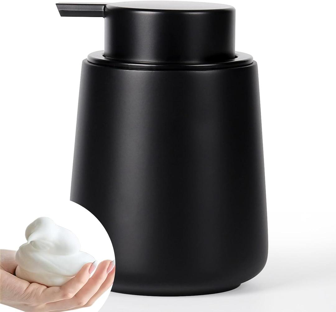 Foam Hand Soap Dispenser - Refillable 12 oz Bathroom Foaming Hand Wash Soap Dispenser with Easy to Press Hand Pump, Dish Liquid Dispenser for Kitchen, Resin, Non-Plastic, Matte Black