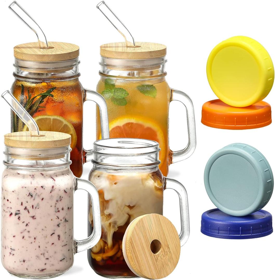 Mason Jars with Handle, Glass Mugs with Straws and Bamboo Lids & Colorful Airtight Lids 4pcs Set, 16oz Drinking Glass Cups, Travel Tumbler for Iced Coffee, Smoothie, Overnight Oats Containers