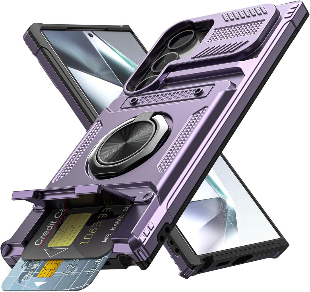 Vofolen for Samsung Galaxy S24 Ultra Case with Card Holder [Store 2 Cards] +360 Magnetic Rotated Ring Kickstand, Dual Layer Heavy Duty Shockproof Wallet Case Cover for Galaxy S24 Ultra, 6.8'' Purple