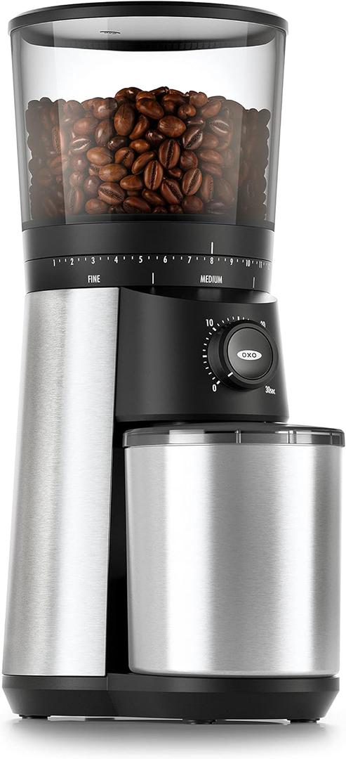 OXO Brew Conical Burr Coffee Grinder  Silver, Stainless Steel Burrs, OneTouch Automatic Smart Grind