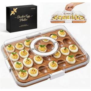 Renmxj Deviled Egg Containers with Lid Easter Gifts Set (28 Eggs), 2026 Upgraded Acacia Wooden Deviled Egg Tray Platter for Party, Home Kitchen Gift for Women, The Lid is Dishwasher Safe (White)