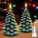 YAUNGEL Christmas Tree Flameless Candles,10-Key Remote and Timer, Real Wax Battery Operated 3D Wick LED Flickering Candles Realistic Christmas Tree for Christmas Holiday Indoor Dinner Decor, 2 Packs