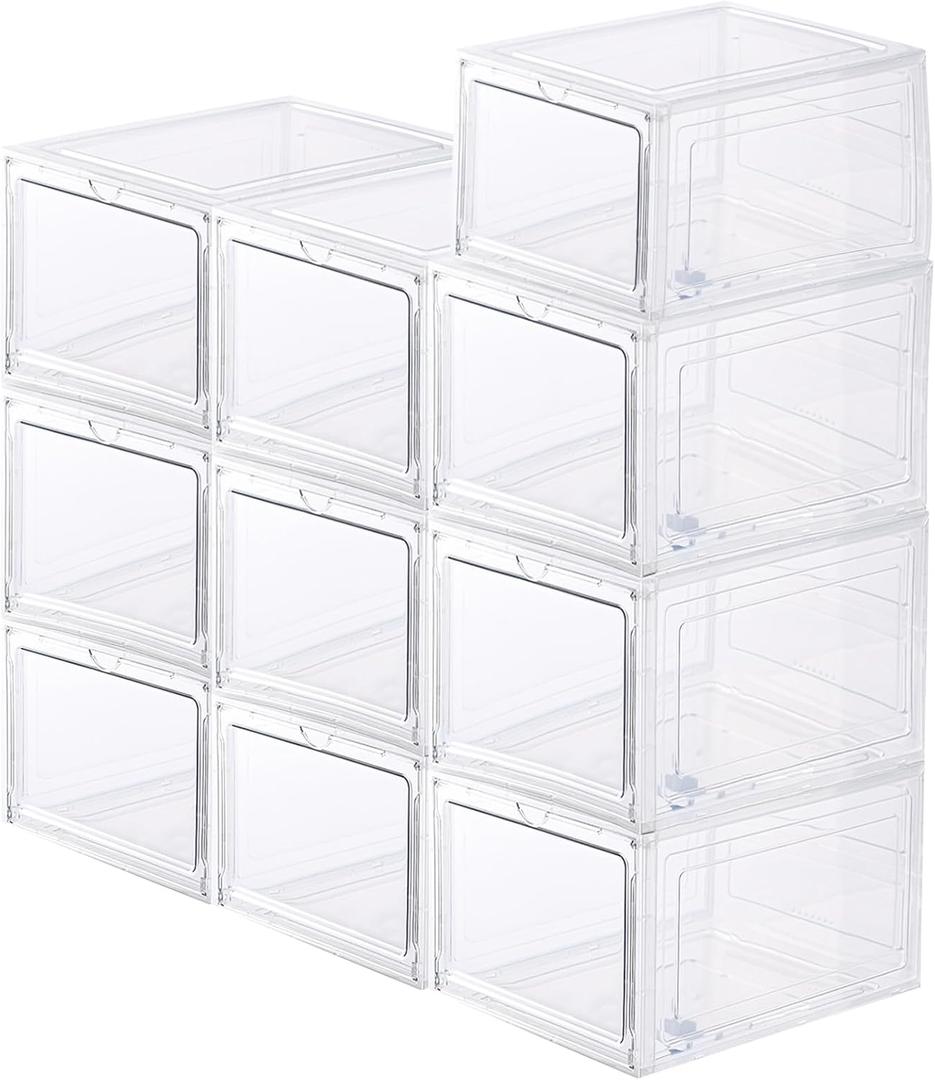 Clear Plastic Stackable Shoe Box with Acrylic Magnetic Door, Fit up to US Size 12 (10 pcs)