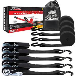 XSTRAP STANDARD Ratchet Tie Down Straps 4 Pk 10 Ft- 300 Lbs Load Cap- 900 Lbs Break Strength-Cargo Straps for UTV, ATV, Pickup,Truck, Moving Appliances, Lawn Equipment, Black